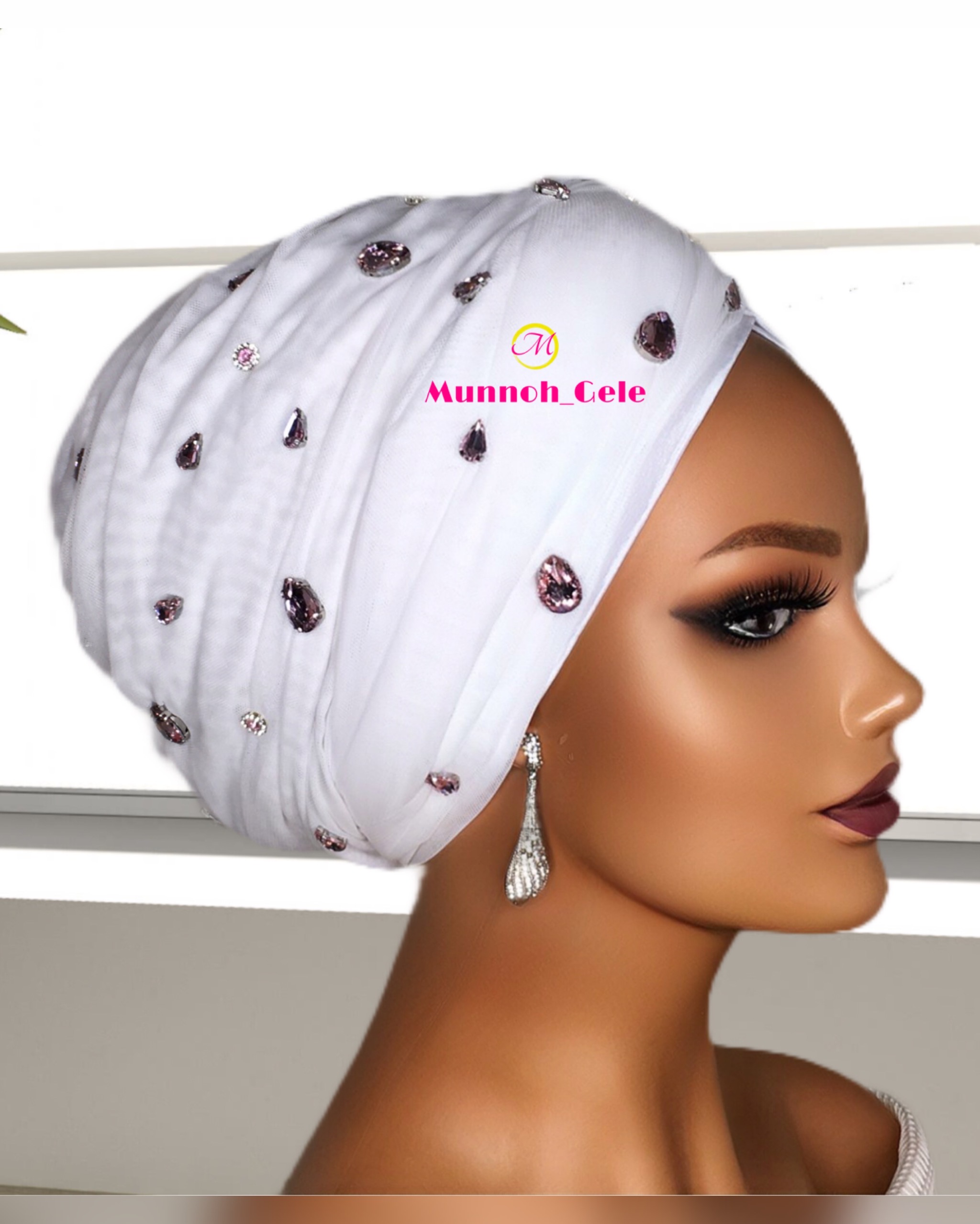 Ariyo tulle wrap turban-bedazzled white with pink stones
